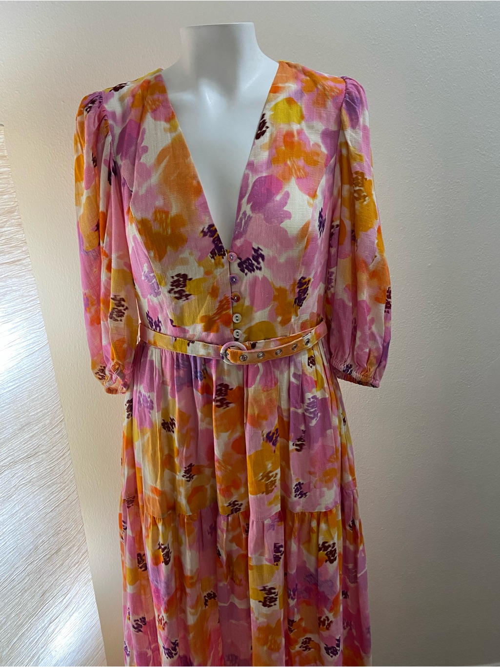 Nwt Nicholas Celie Floral Maxi Dress - Linen Blend Puff Sleeve - Sz 8